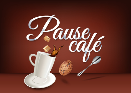 Coffee break in french language, paper hand lettering calligraphy. Vector illustration with coffee objects and text.のイラスト素材