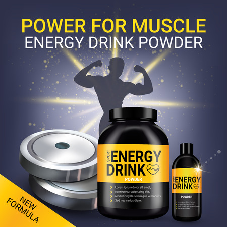 Energy drink ads. Vector realistic illustration of energy drink powder. Horizontal banner with a product and sports equipment.のイラスト素材