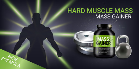 Mass gainer ads. Vector realistic illustration of cans with mass gainer powder. Horizontal banner with product and sport equipment.のイラスト素材