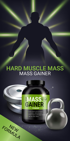 Mass gainer ads. Vector realistic illustration of cans with mass gainer powder. Vertical banner with product and sport equipment.のイラスト素材