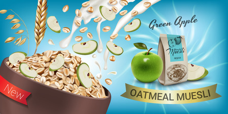 Oatmeal muesli ads. Vector realistic illustration of oatmeal muesli with green apple. Horizontal banner with product.のイラスト素材