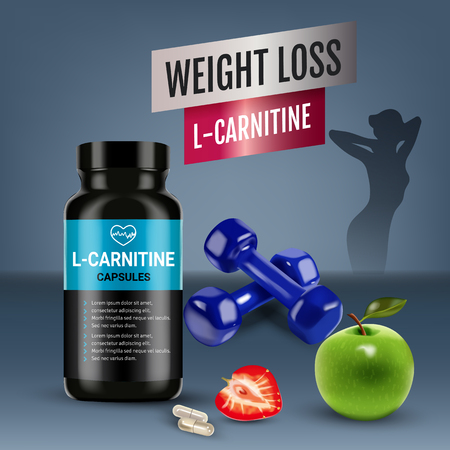 Weight loss L-Carnitine ads. Vector realistic illustration of cans with capsules with cellulose of strawberry and green apple. Poster with product and sports equipment.のイラスト素材