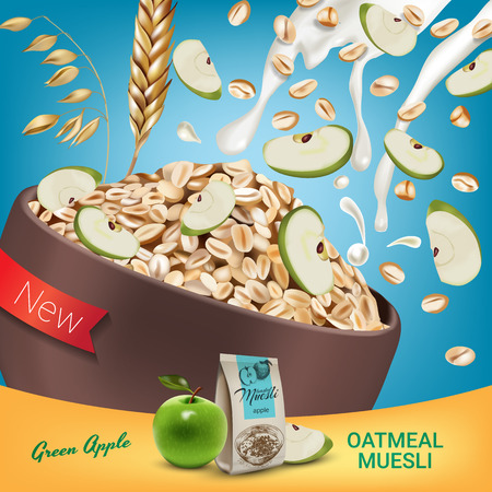 Oatmeal muesli ads. Vector realistic illustration of oatmeal muesli with green apple. Poster with product.のイラスト素材