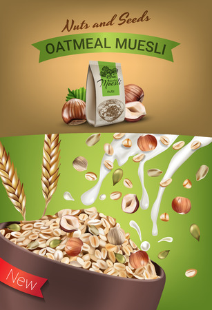 Oatmeal muesli ads. Vector realistic illustration of oatmeal muesli with nuts and seeds. Vertical poster with product.のイラスト素材