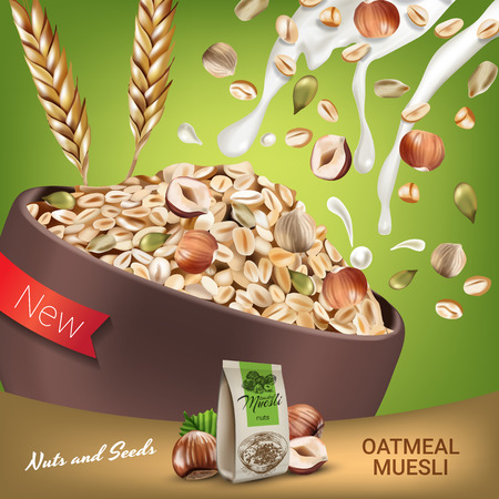 Oatmeal muesli ads. Vector realistic illustration of oatmeal muesli with nuts and seeds. Poster with product.のイラスト素材