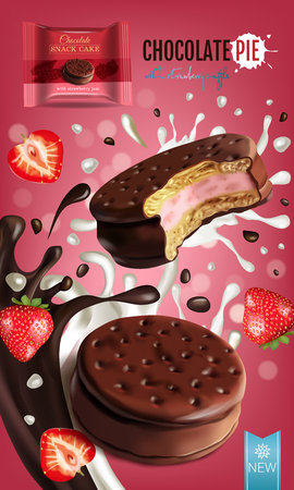 Vector realistic illustration of chocolate pie with milk and strawberry souffle. Vertical ads poster with bokeh background.のイラスト素材