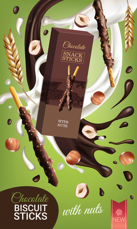 A Vector realistic illustration of chocolate biscuit sticks with hazelnuts. Vertical ads poster with sweet.のイラスト素材