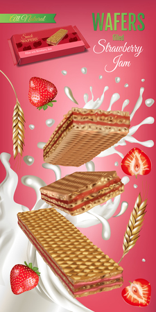 A Vector realistic illustration of milk wafers with strawberry cream. Vertical ads banner with sweets.のイラスト素材