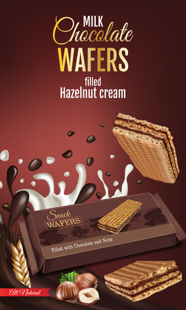 Vector realistic illustration of milk wafers with chocolate and hazelnuts cream. Vertical ads poster with sweets.のイラスト素材