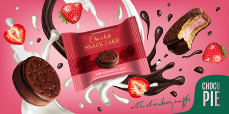 A Vector realistic illustration of chocolate pie with milk and strawberry souffle background design  Horizontal ads poster with sweet.のイラスト素材