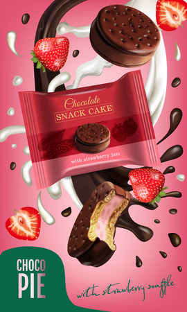 Vector realistic illustration of chocolate pie with milk and strawberry souffle. Vertical ads poster with sweet.のイラスト素材