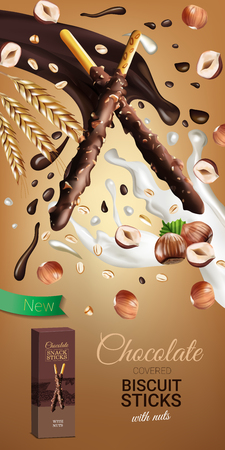 A Vector realistic illustration of chocolate biscuit sticks with hazelnuts. Vertical ads poster for sweets.のイラスト素材