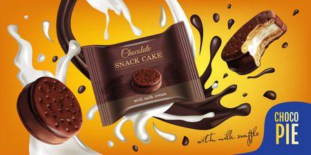 A Vector realistic illustration of chocolate pie with milk souffle. Horizontal ads poster with sweets.のイラスト素材