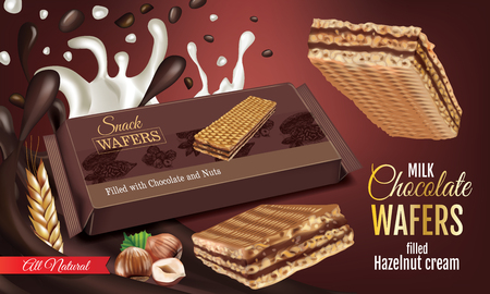 A Vector realistic illustration of milk wafers with chocolate and hazelnuts cream. Horizontal ads poster with sweets.のイラスト素材