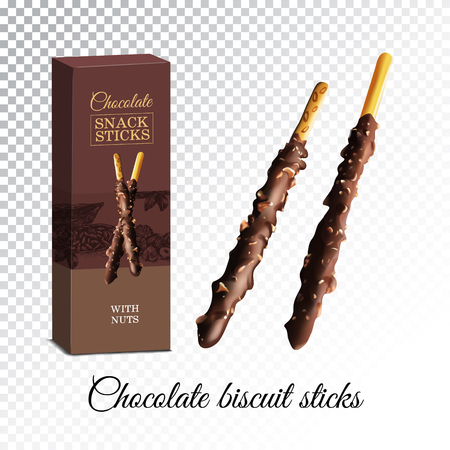 Vector realistic illustration of chocolate biscuit sticks with hazelnuts. Colorful objects on a transparent background.のイラスト素材