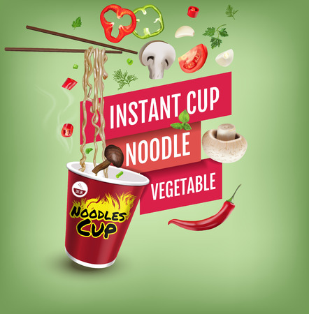 Vector realistic illustration of instant cup noodles with vegetables. Poster with product.のイラスト素材