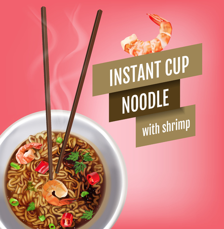 Vector realistic illustration of instant cup noodles with shrimps. Poster with product.のイラスト素材