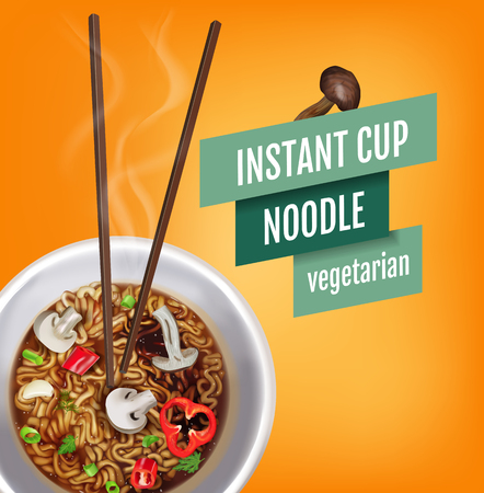 Vector realistic illustration of instant cup noodles with vegetables. Poster with product.のイラスト素材