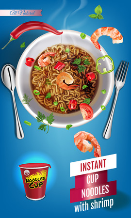Vector realistic illustration of instant cup noodles with shrimps. Vertical banner with product.のイラスト素材