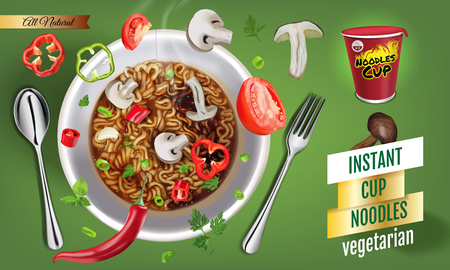 Vector realistic illustration of instant cup noodles with vegetables. Horizontal banner with product.のイラスト素材