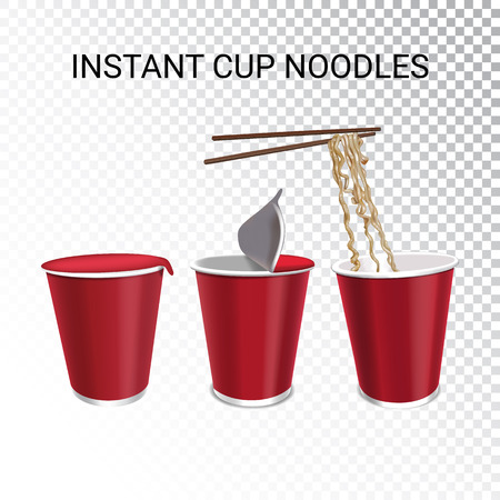 Vector realistic illustration of instant cup noodles with chopstick. Colorful objects on a transparent background.のイラスト素材
