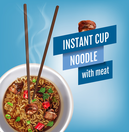 Vector realistic illustration of instant cup noodles with meat. Poster with product.のイラスト素材