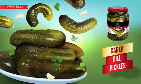 Vector realistic illustration of pickled cucumber. Horizontal banner with pickles.のイラスト素材