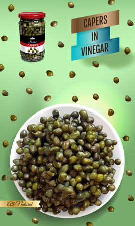 Vector realistic illustration of pickled capers. Vertical banner with product.のイラスト素材