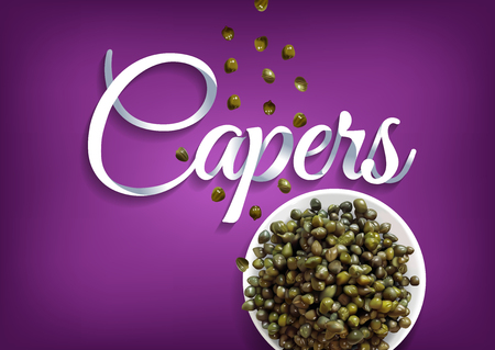 Pickled capers, paper hand lettering calligraphy. Vector realistic illustration with pickles and objects of text.のイラスト素材