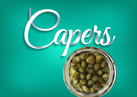 Pickled capers, paper hand lettering calligraphy. Vector realistic illustration with pickles and objects of text.のイラスト素材