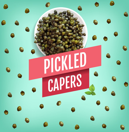 Vector realistic illustration of pickled capers. Poster with product.のイラスト素材