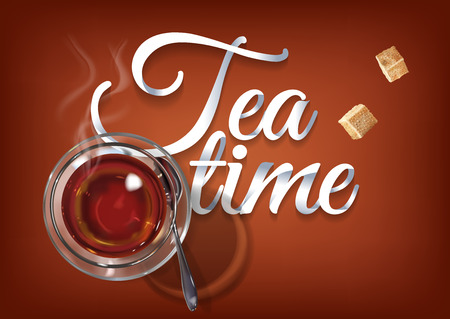 Tea time paper hand lettering calligraphy.   illustration with tea objects and text.のイラスト素材