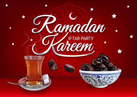 Ramadan Kareem - paper hand lettering calligraphy of Iftar Party. Horizontal banner of realistic illustration with tea and dates.のイラスト素材