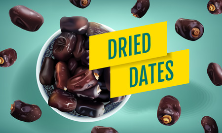 Dried dates ads. Vector realistic illustration of dried dates in a bowl. Horizontal banner with product.のイラスト素材