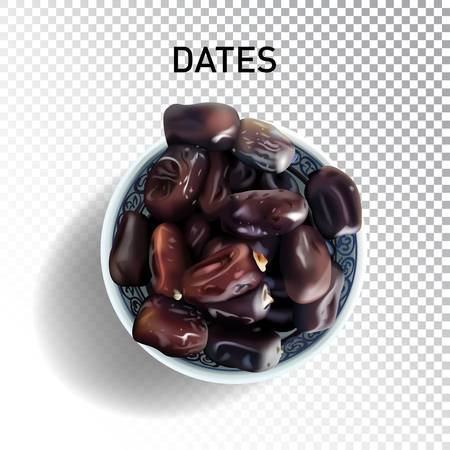 Vector realistic illustration of dried dates in bowl. Colorful objects on a transparent background.のイラスト素材