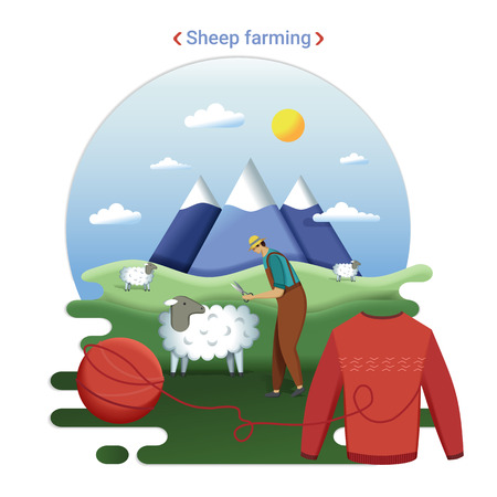 Flat farm landscape illustration of sheep farming. Rural landscape with grassland and mountains. The farmer cutting wool.のイラスト素材