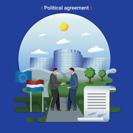 Flat city landscape illustration of political agreement in EU parlament. Two politicial men shake hands after signing an agreement near European Parliament buildingのイラスト素材