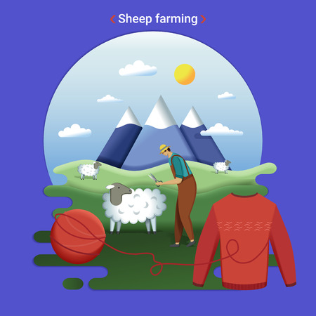 Flat farm landscape illustration of sheep farming. Rural landscape with grassland and mountains. The farmer cutting wool.のイラスト素材