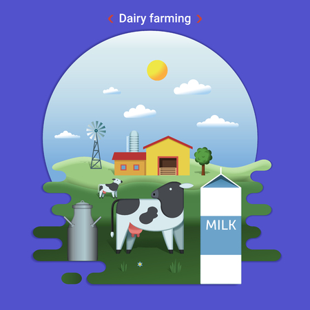 Flat farm landscape illustration of dairy farming. Rural landscape with grassland and countryside house. Cow grazes in the meadow.のイラスト素材