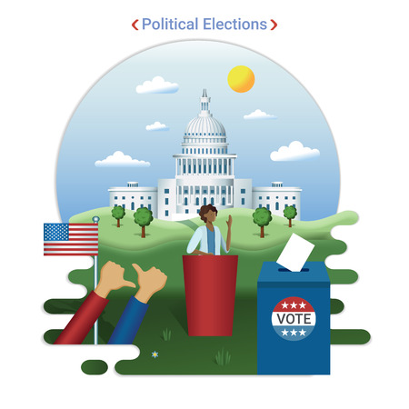 Flat city landscape illustration of US elections. Female presidential candidate gives a speech near the Capitol, Washington DC.のイラスト素材