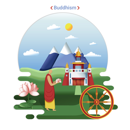 Flat rural landscape illustration symbolizing Buddhism. A Monk goes to Datsan service.のイラスト素材