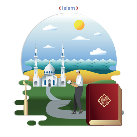 Flat rural landscape illustration symbolizing Islam. A Parishioner goes to prayer in the Mosque.のイラスト素材