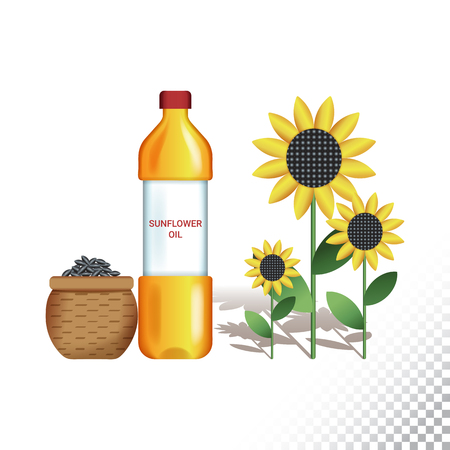 Vector flat icon illustration of sunflower, sunflower oil and sunflower seeds. Colorful objects on a transparent background.のイラスト素材