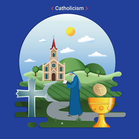 Flat rural landscape illustration symbolizing Catholicism. A Priest goes to serve in the catholic church.のイラスト素材