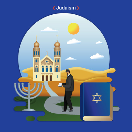 Flat rural landscape illustration symbolizing Judaism. A Rabbi Goes to Serve at the Synagogue.のイラスト素材
