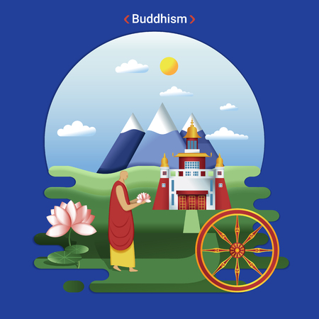 Flat rural landscape illustration symbolizing Buddhism. A Monk goes to Datsan service.のイラスト素材