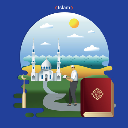 Flat rural landscape illustration symbolizing Islam. A Parishioner goes to prayer in the Mosque.のイラスト素材