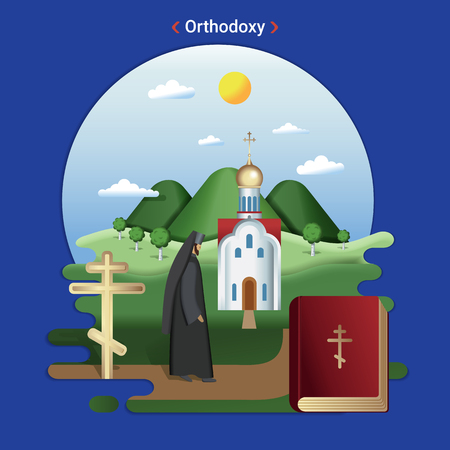 Flat rural landscape illustration symbolizing Orthodoxy. A Priest goes to serve in the Orthodox Church.のイラスト素材