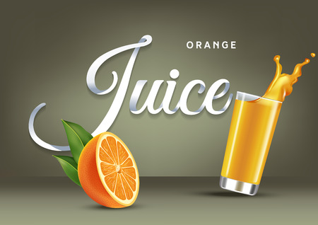 Vector realistic isolated illustration of orange and orange juice in glass. Ad poster with 3d effect of fresh beverage with splash. Healthy organic orange fruit and juice on olive background.のイラスト素材