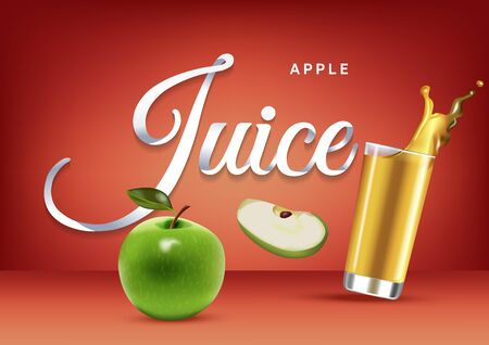 Vector realistic isolated illustration of apple and apple juice in glass. Ad poster with 3d effect of fresh beverage with splash. Healthy organic apple fruit and juice on red background.のイラスト素材